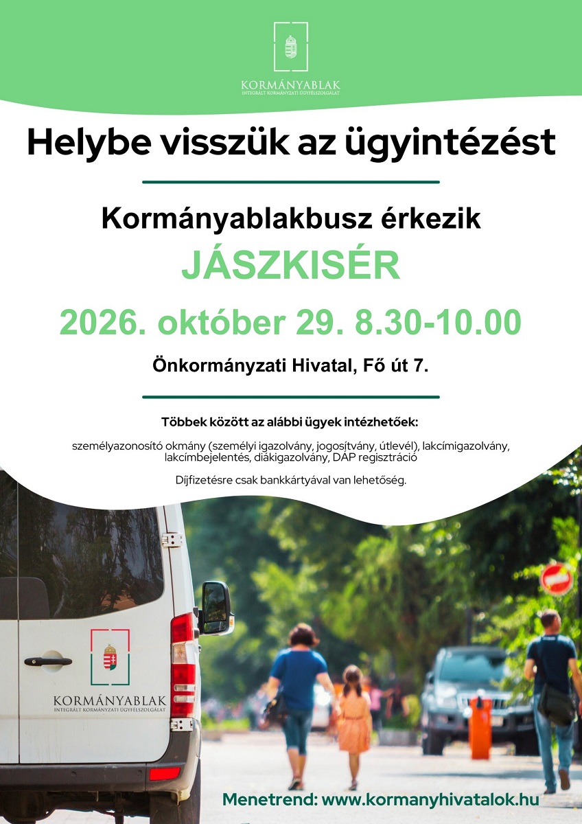 Kormányablakbusz érkezik Jászkisér 2026.10.29.